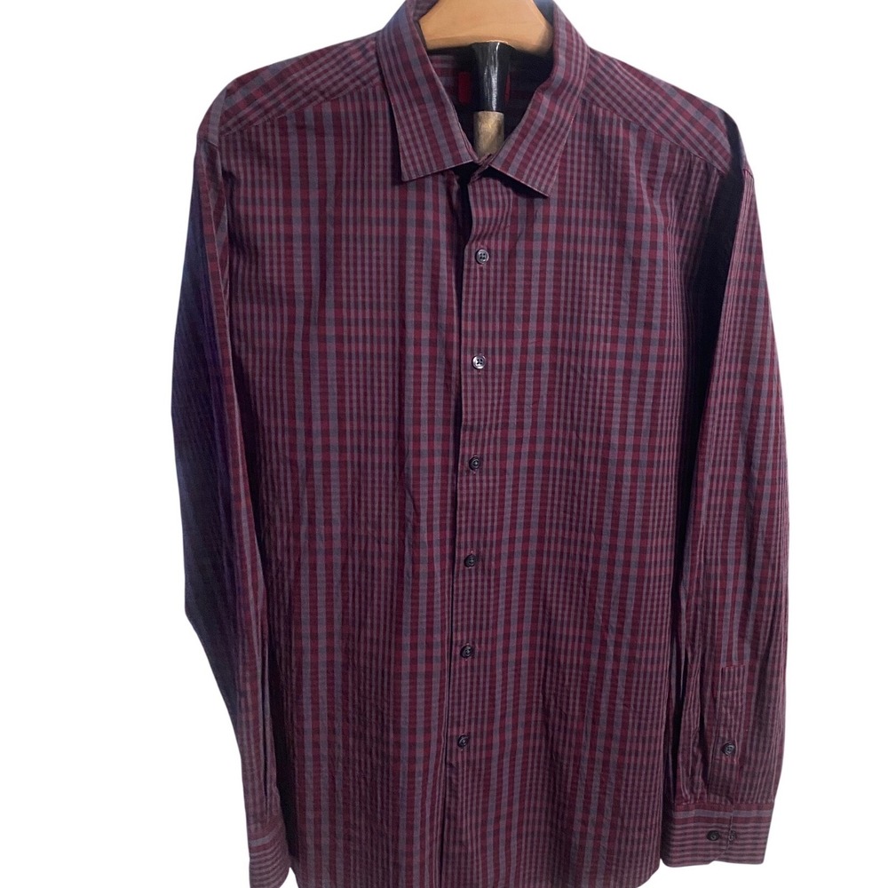 Alfani Mens Slim Fit Stretch Button Down Shirt Burgundy Plaid L 16-16.5 34-35